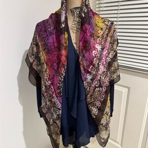 Colorful Sheer silk Scarf with Abstract Design roughly 36”x44”